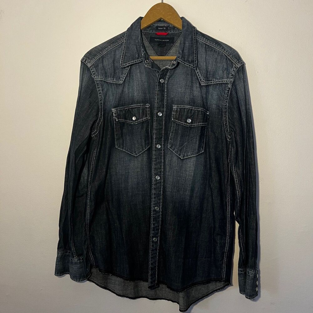 Tommy Hilfiger Denim Pearl Button Shirt Mens Medium Trim Fit Dark Blue